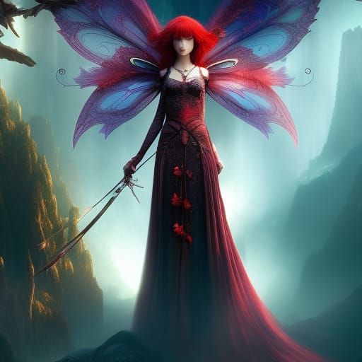Gothic Red Crystal Fairy with Holographic Wings