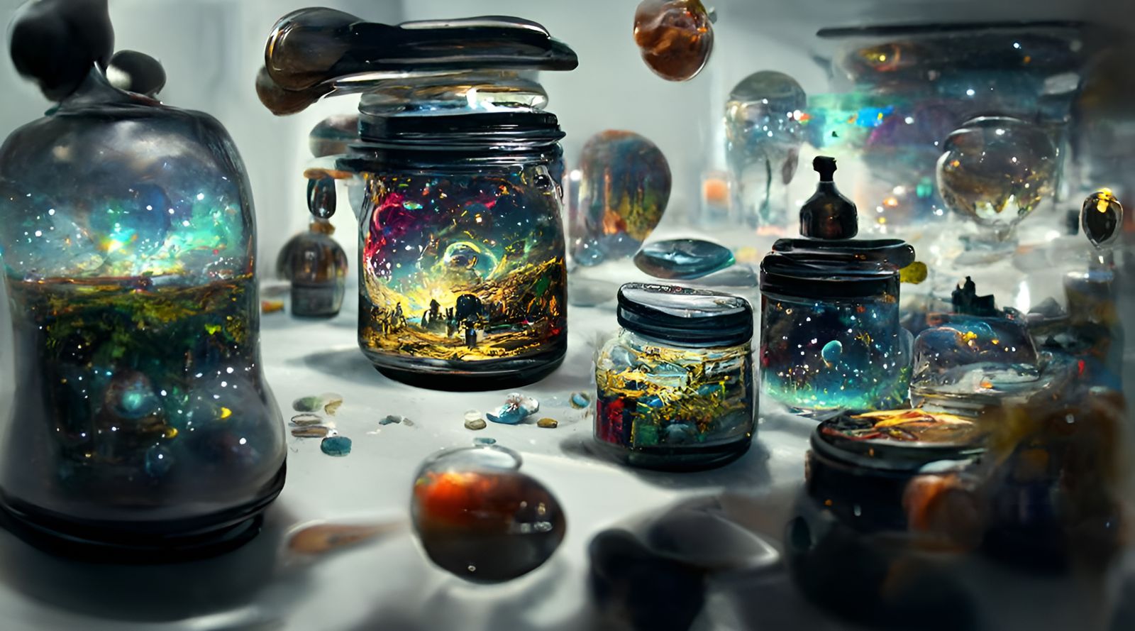 Cosmic Universe Spills From Jar, Surreal Digital Art