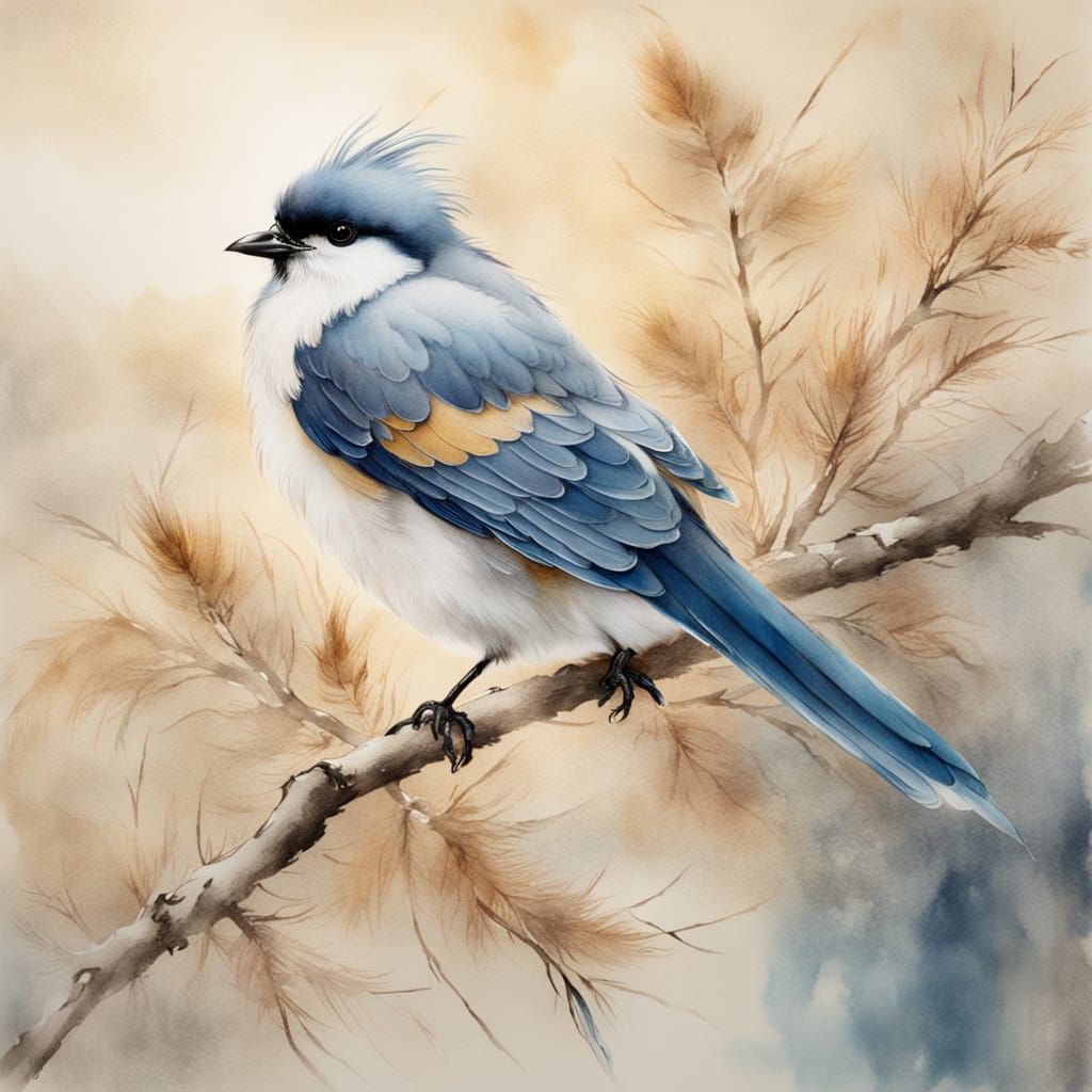 Fluffy Bird in Chinese Watercolour Painting Style