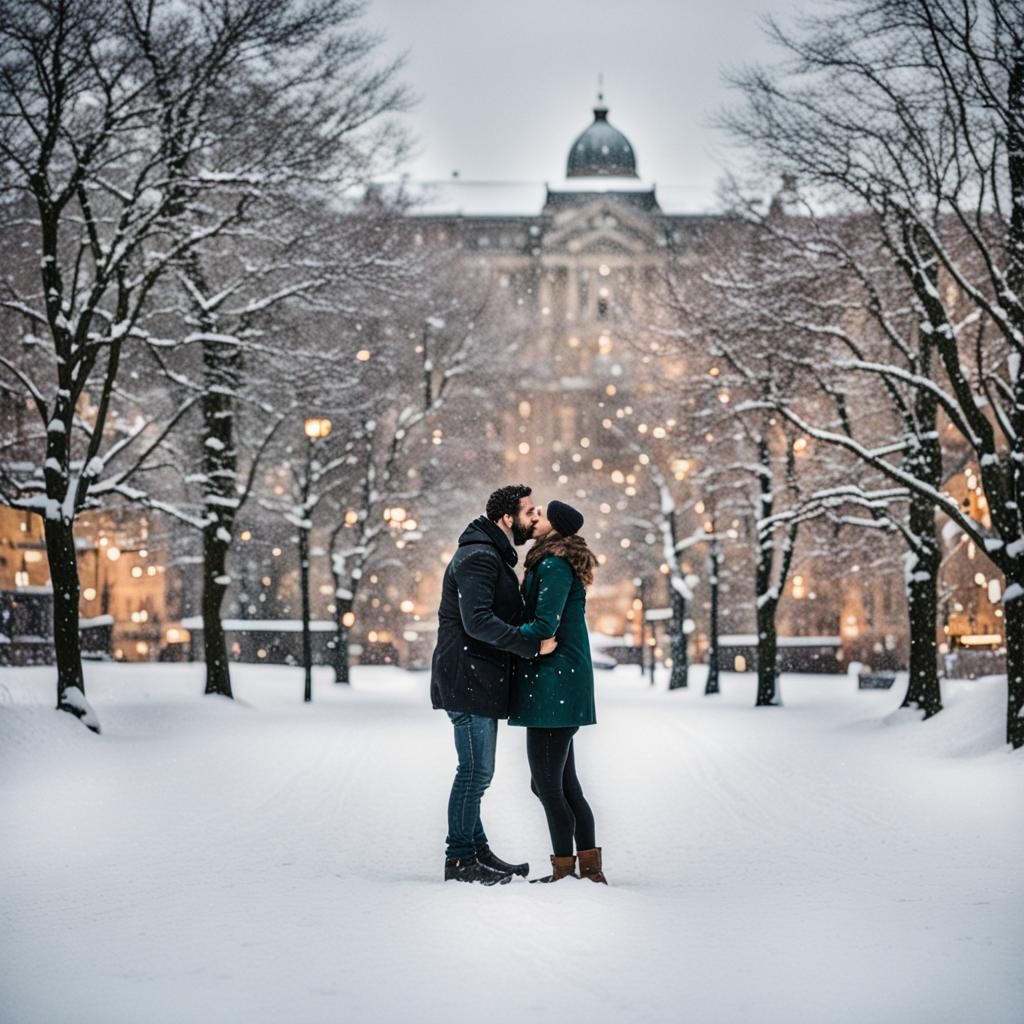 Couple's Kiss in Winter Snowfall