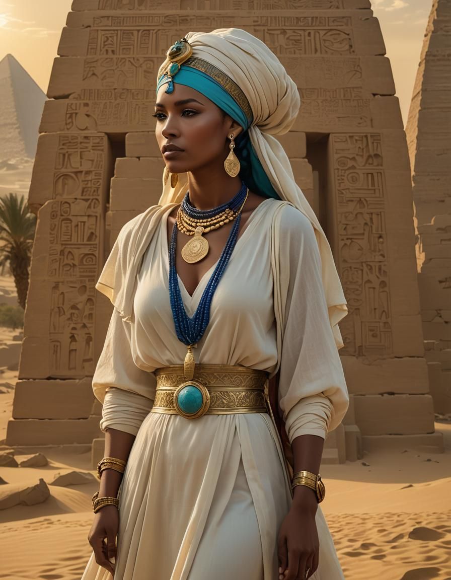 Regal Egyptian Queen with Pyramids, Art Nouveau Style