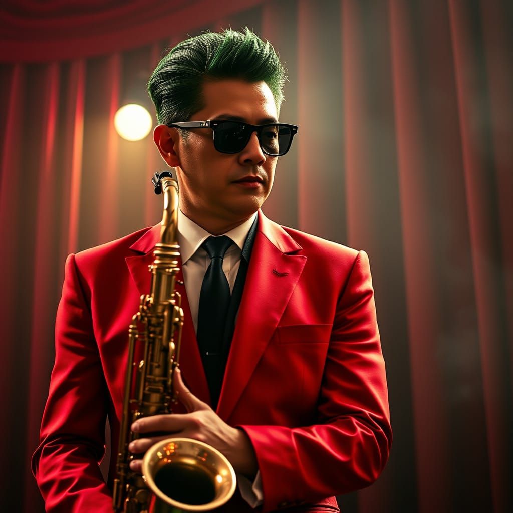 Mature Japanese Musician Performs Soulful Jazz on Dimly Lit ...