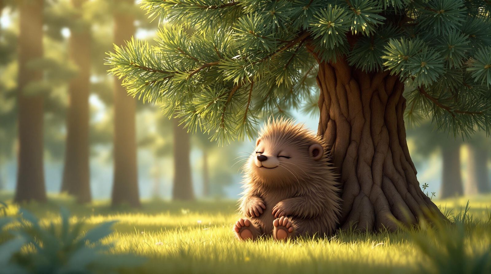 CGI Cartoon Porcupine Finds Peace Under Majestic Pine Tree