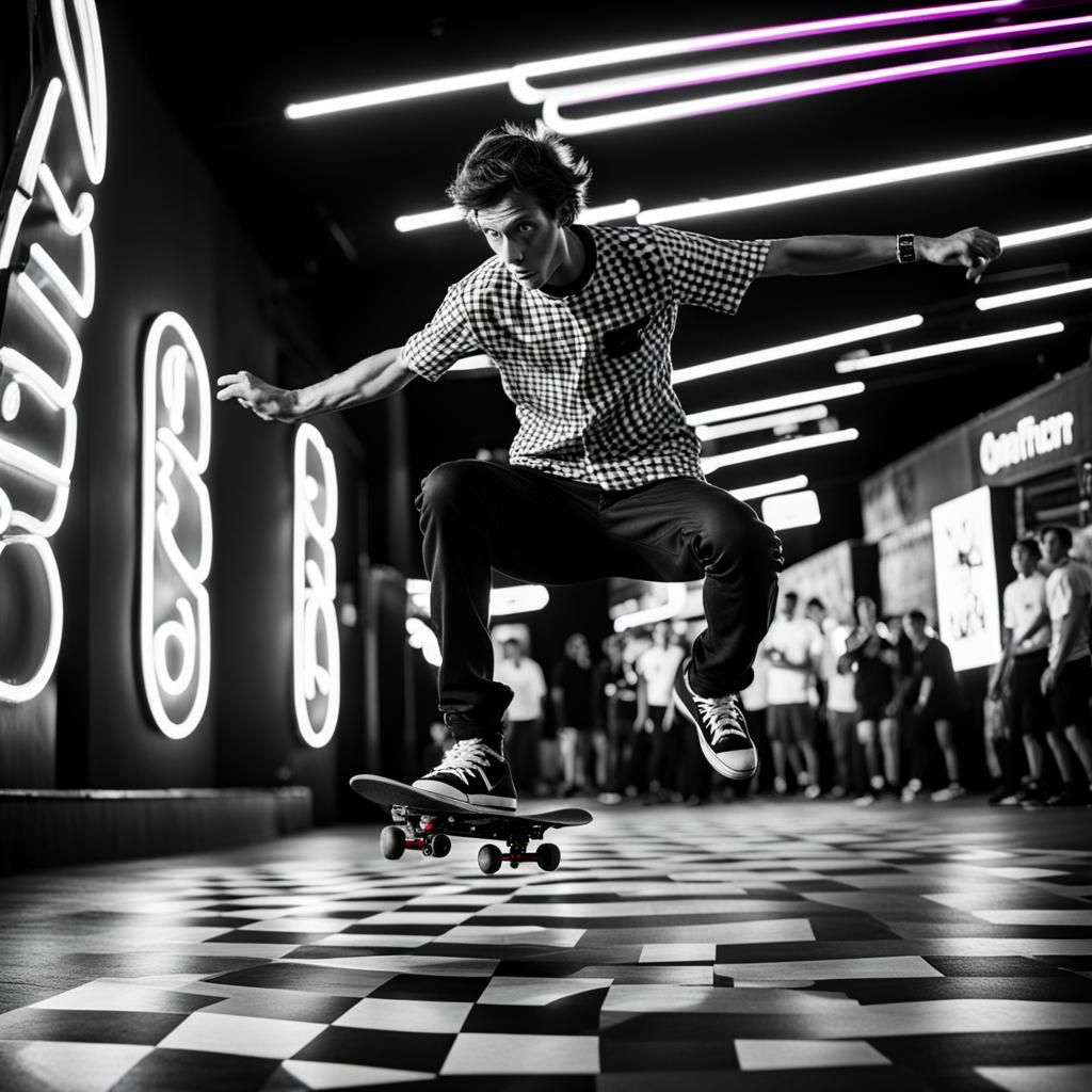 Skateboarder's Psychedelic Mid-Air Dance in Neon Colors