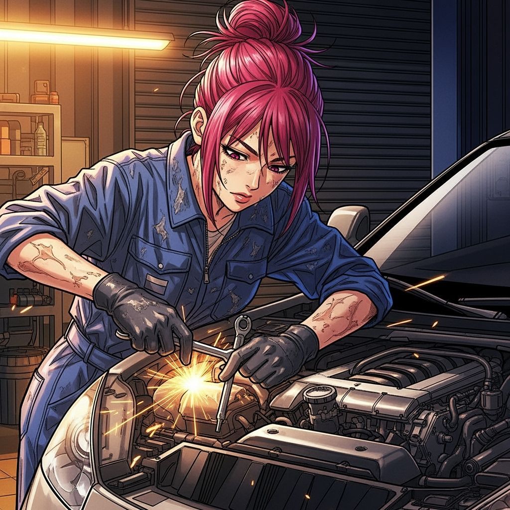 Pink-Haired Mechanic Repairs Futuristic Car in Josei Manga S...