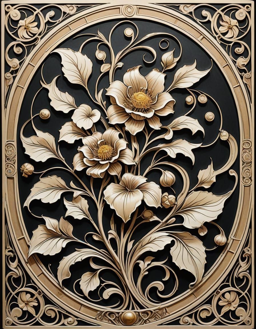 Elegant Organic Forms in Art Nouveau Ink Drawing