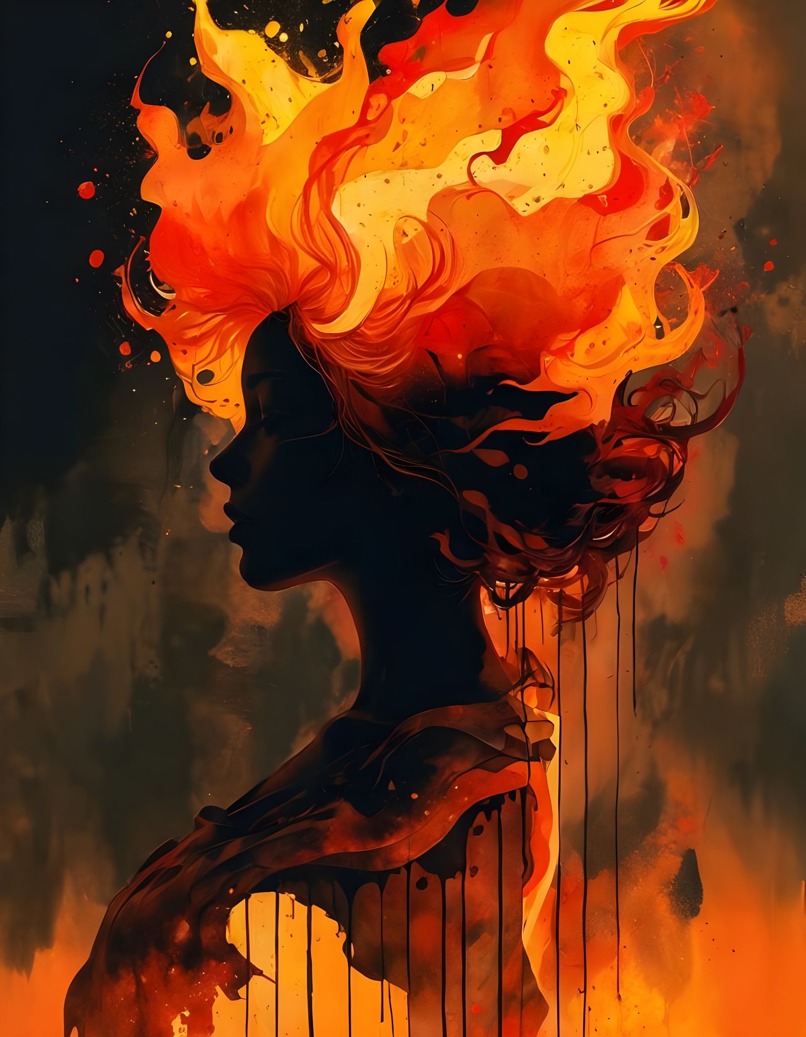 Silhouette of Woman with Fiery Hair, Watercolor Style