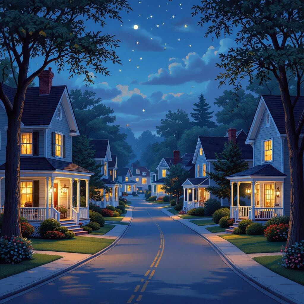 Serene Night in Suburbia: Cozy Home Lights