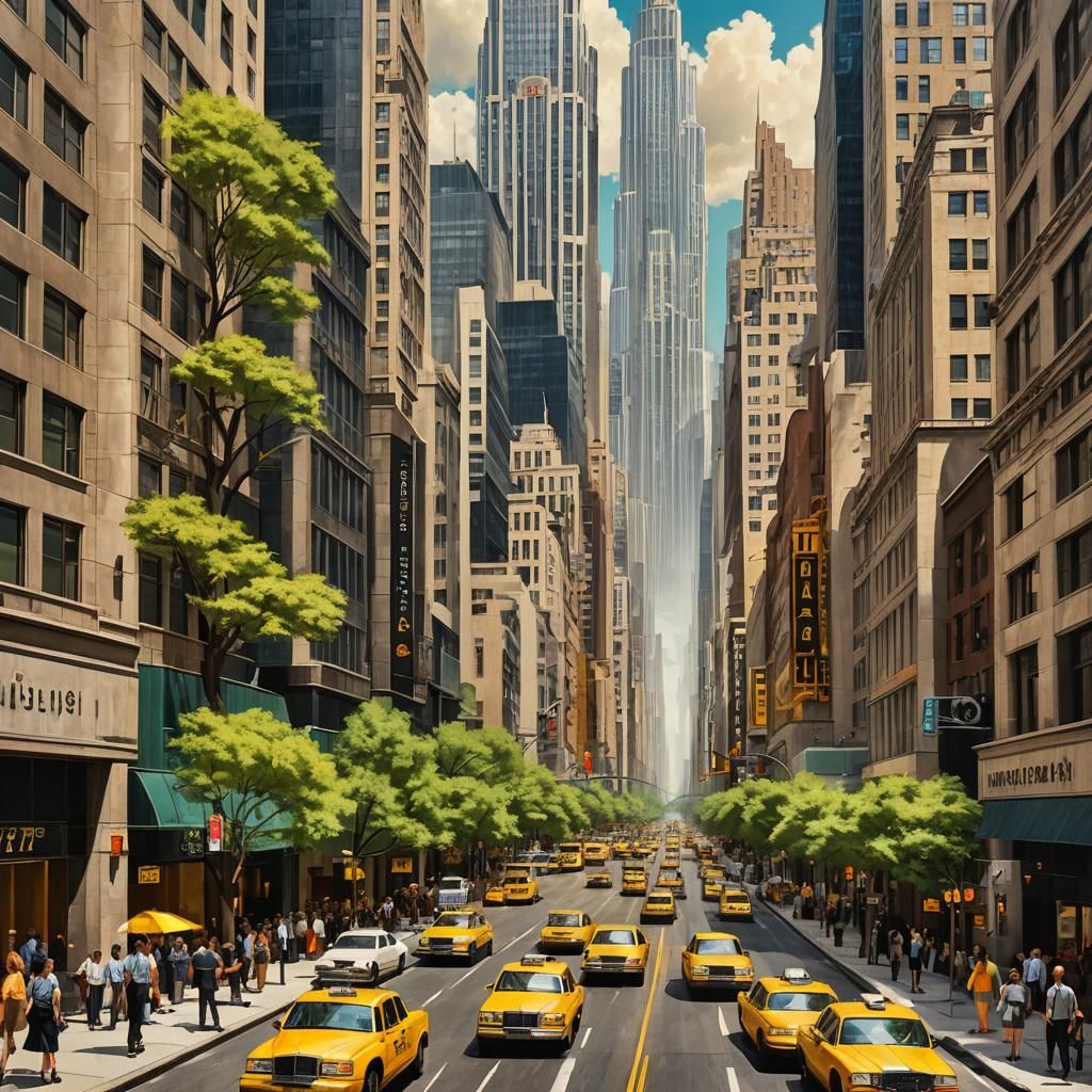 Art Deco Skyscrapers in a Bustling Cityscape