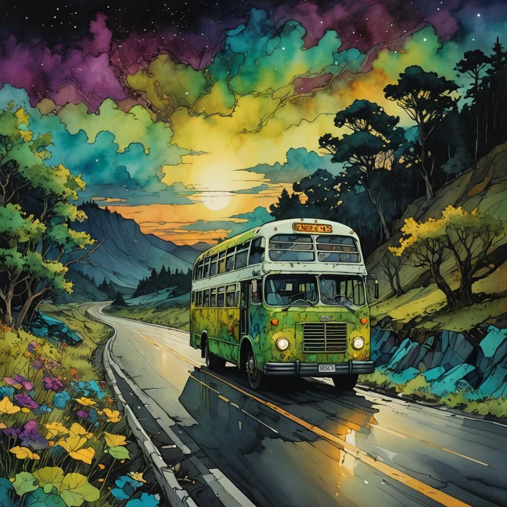 Bus with Luminescent Nature in Alcohol Ink Style