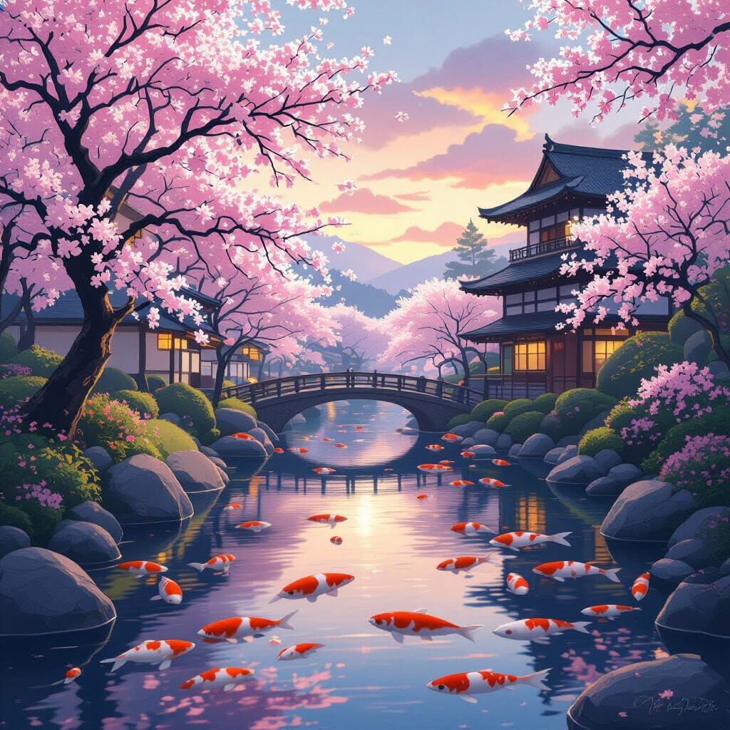 Serene Japanese Landscape at Dusk with Cherry Blossoms