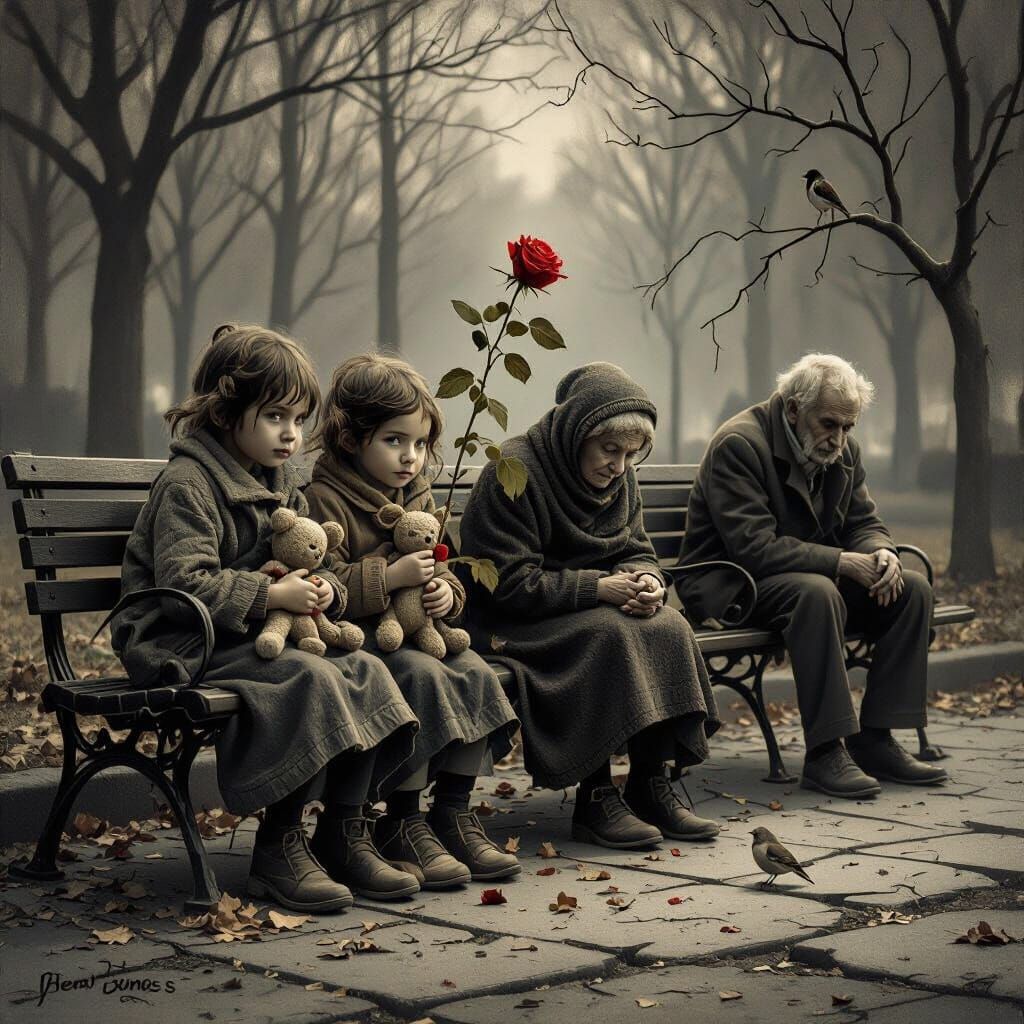 Orphaned Children and Elderly in Sepia Tones