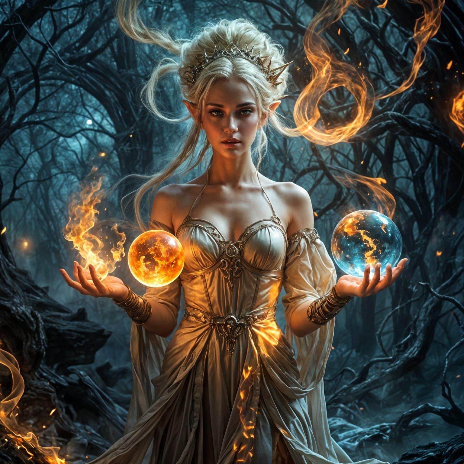 Ethereal Elf Woman with Elemental Orbs in Surreal Realism