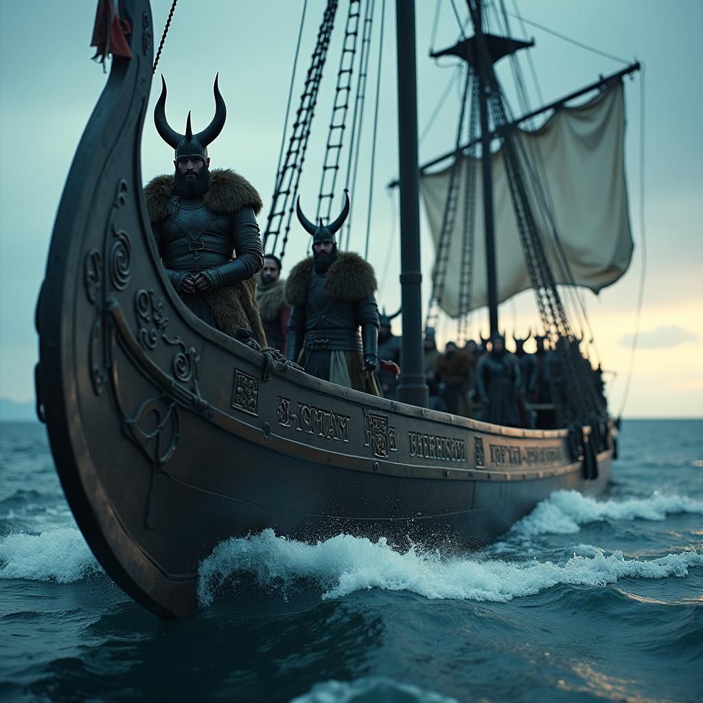 Viking Warriors on Longship in Dramatic Lighting
