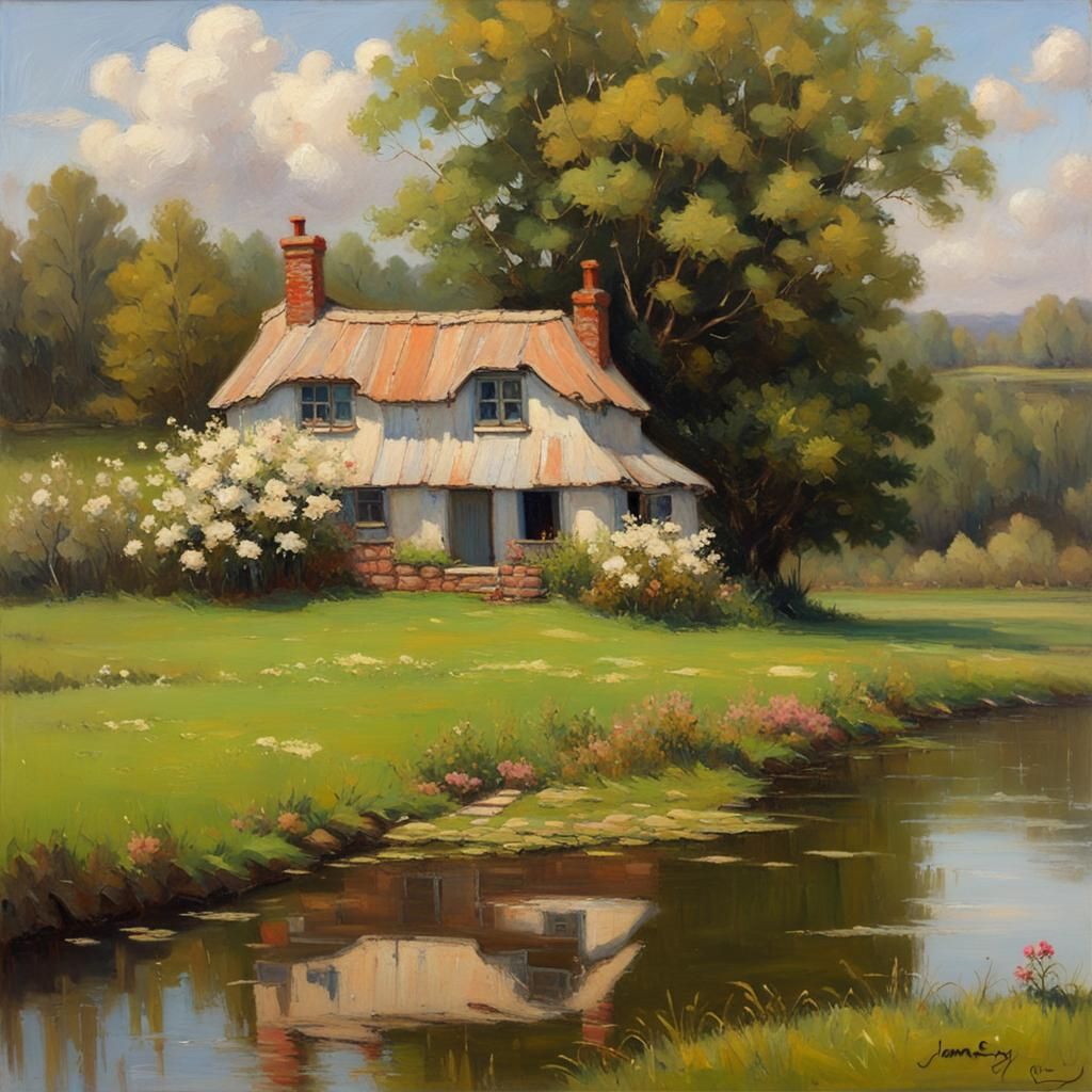 Cottage Near Pond in Spring, Oil Painting
