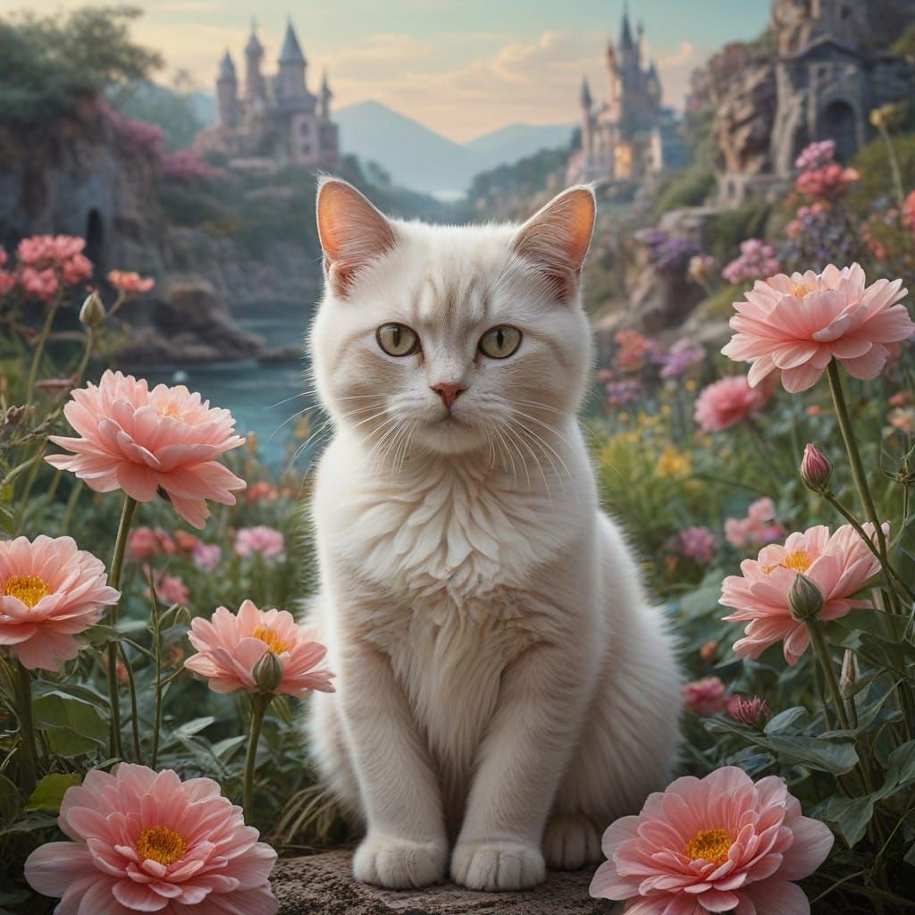 Shy Kitty in Surreal Oil Painting Landscape