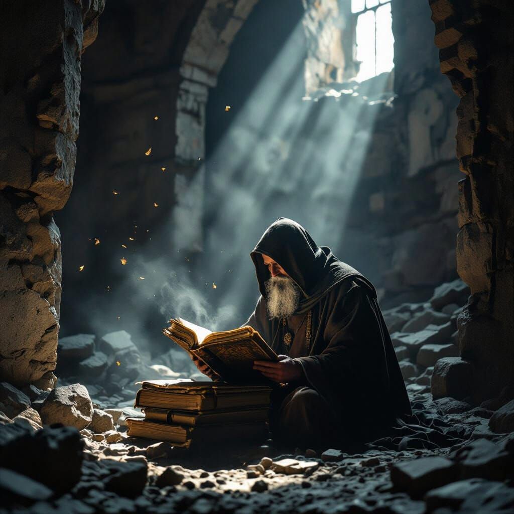 Scholar in Ruins with Ancient Tome, Dramatic Lighting