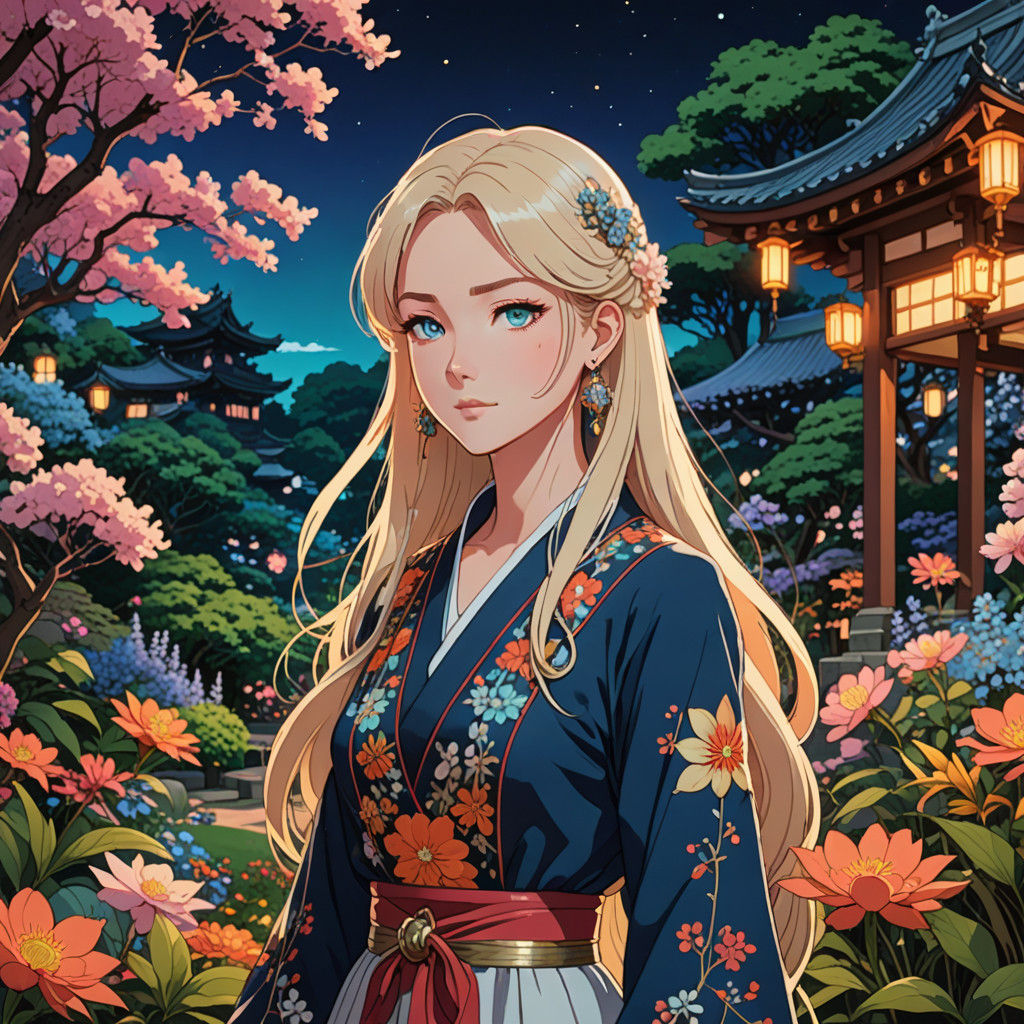 Surreal Anime Girl in Japanese Garden, Cel-Shaded Style