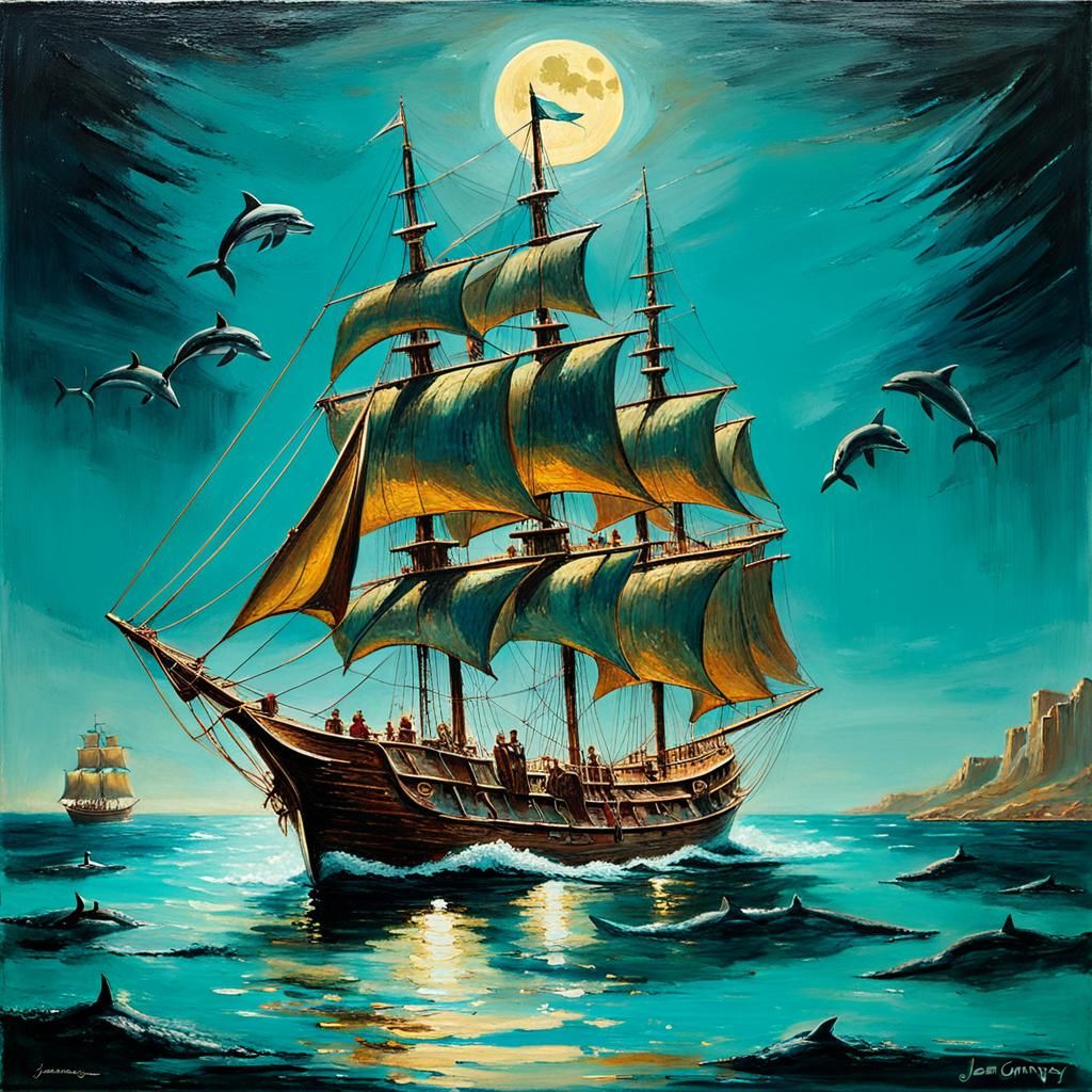 Golden Caravel on Turquoise Waters in Oil Painting Style