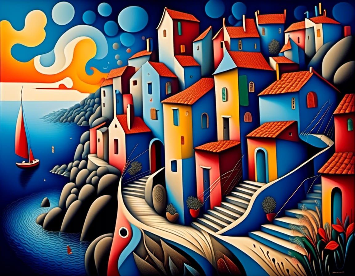 Surreal Cubist Town by the Sea: Digital Matte Painting