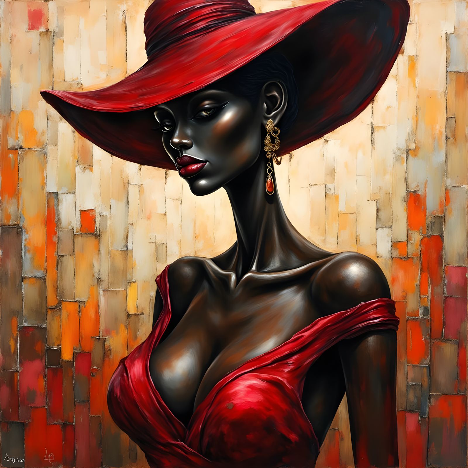 Elegant Woman in Haute Couture Gown as Impasto Oil Painting