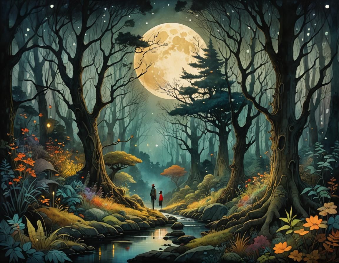 Mythical Creatures in Enchanted Forest, Watercolor Painting