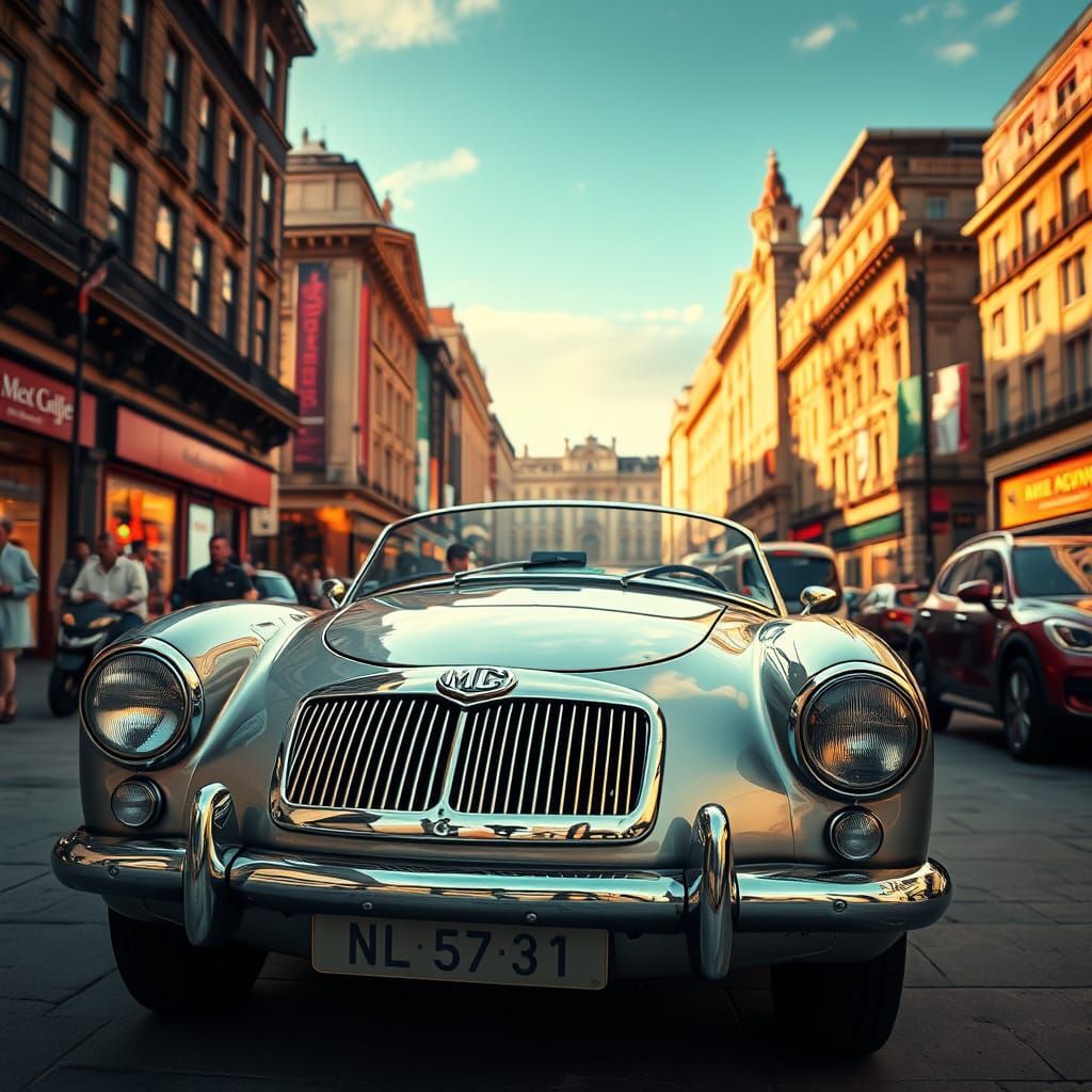 Vintage MG in Piccadilly Square: Neon Futuristic Style