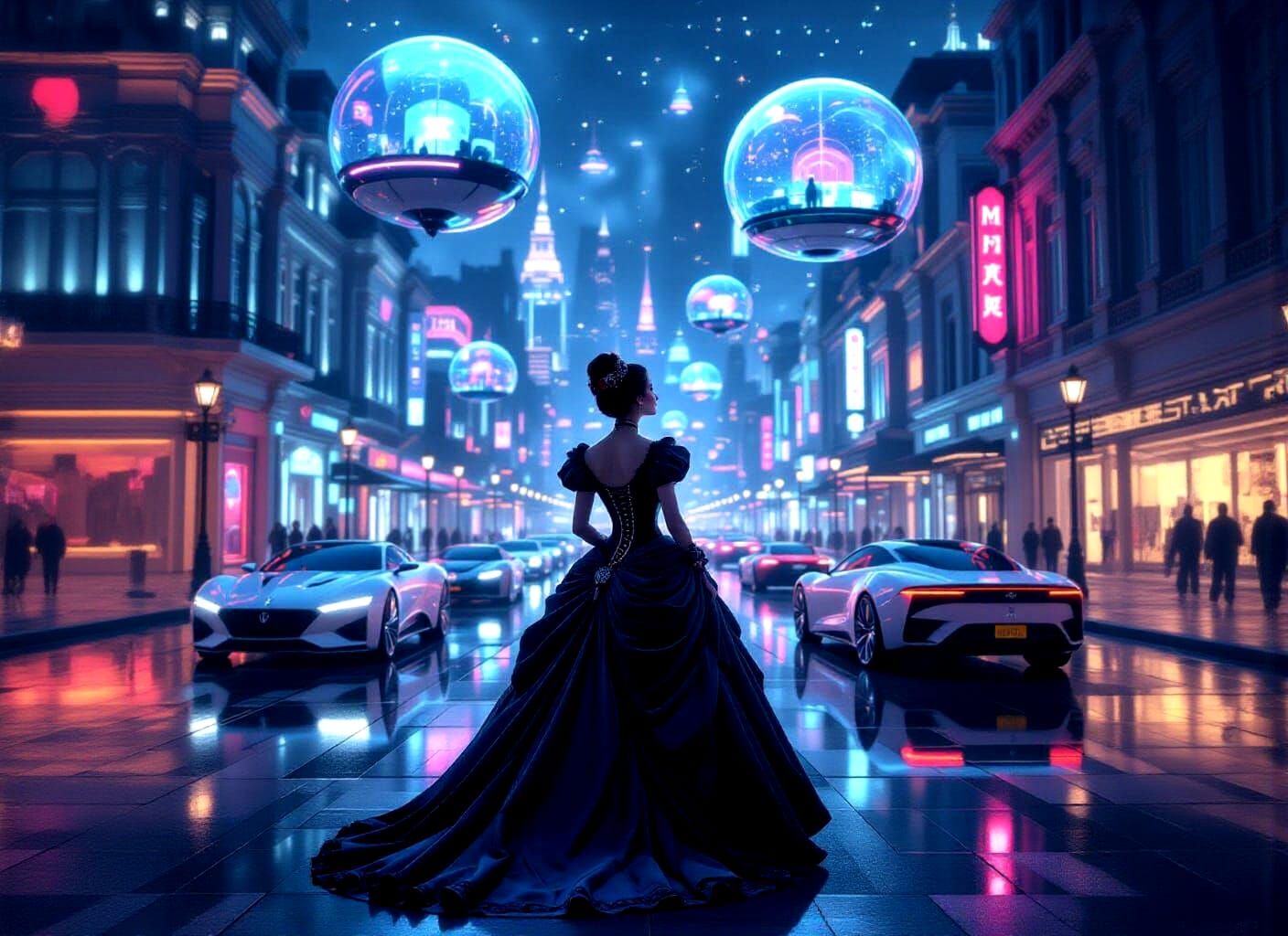 Woman in 1800s Gown Amid Futuristic Cityscape
