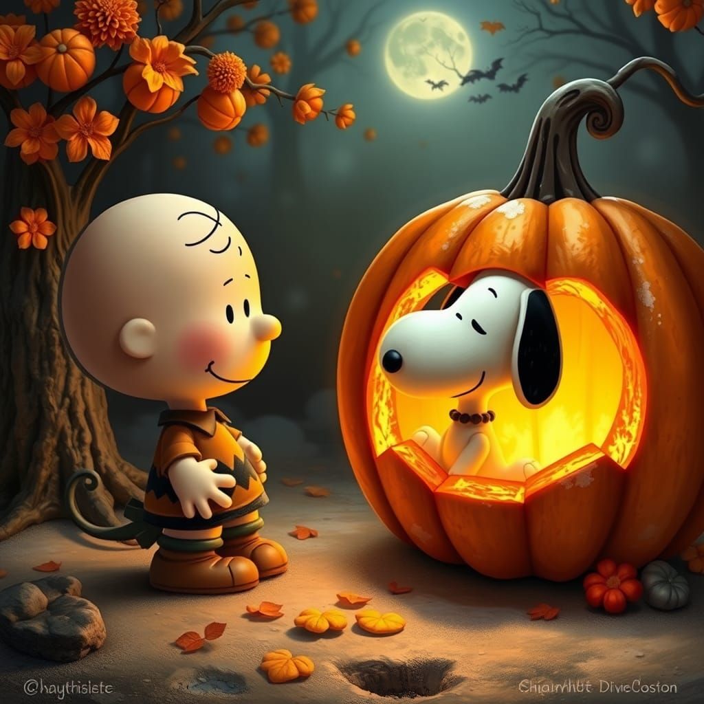 Charlie Brown and Snoopy Carving a Pumpkin