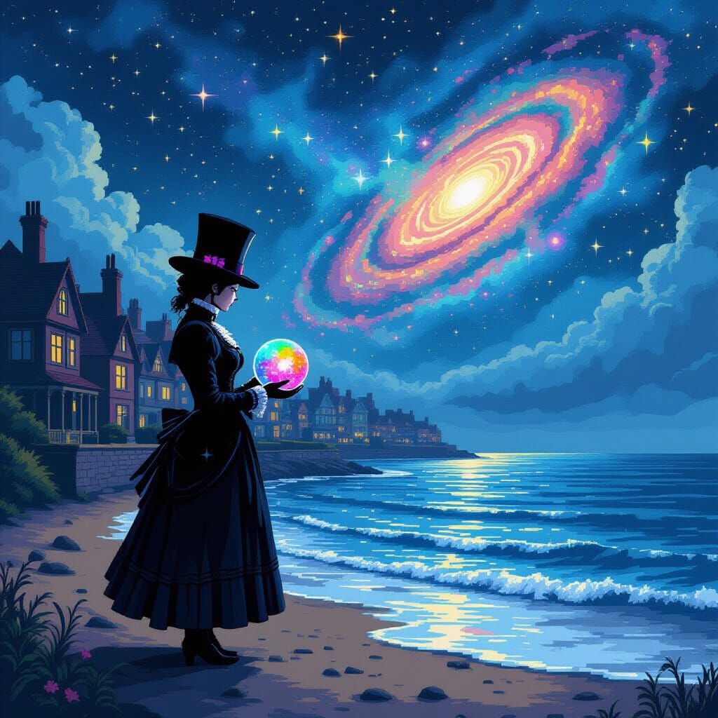 Victorian Digital Figure on Pixelated Shoreline