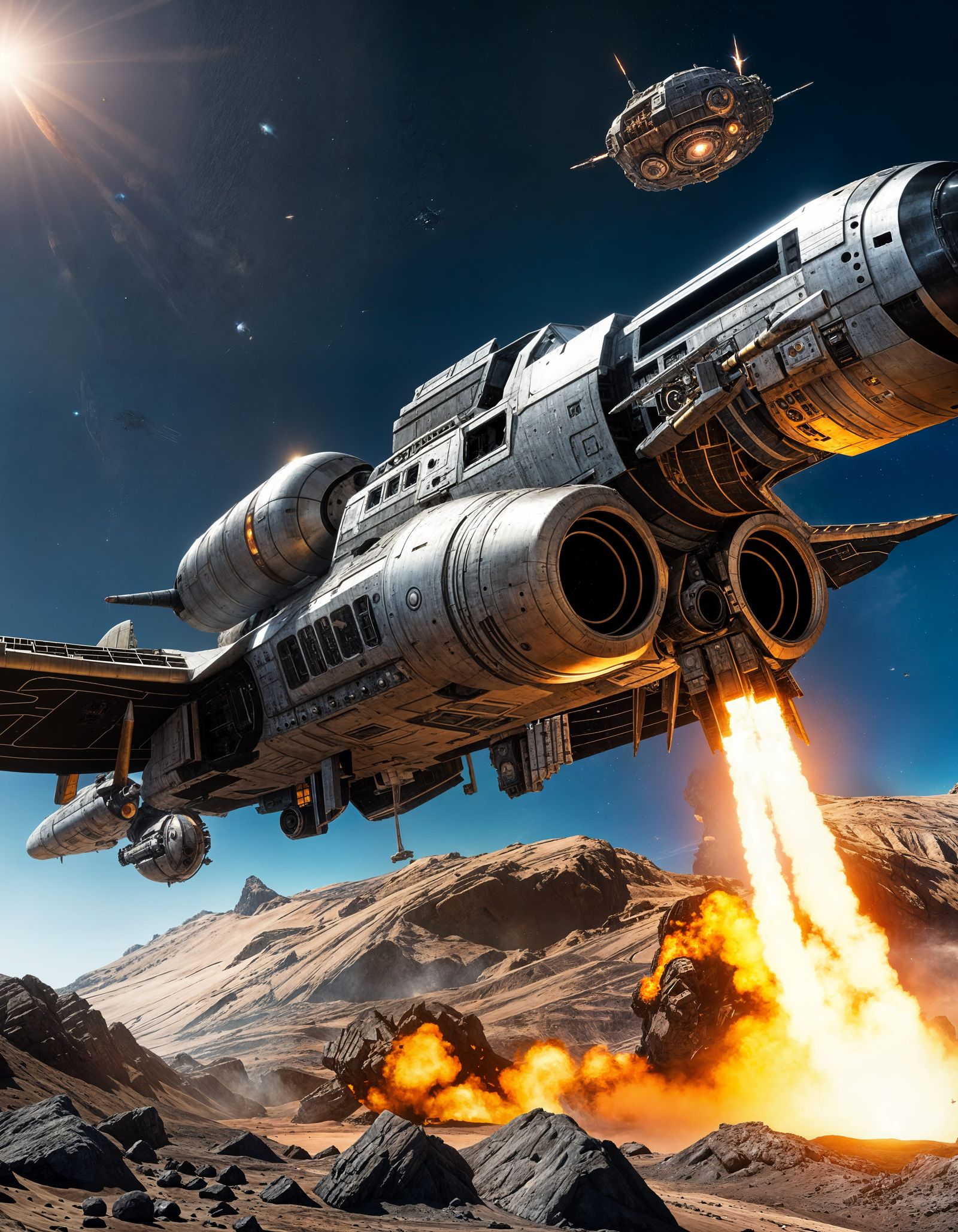 Science Fiction Spaceship with Gatling Gun in Asteroid Field