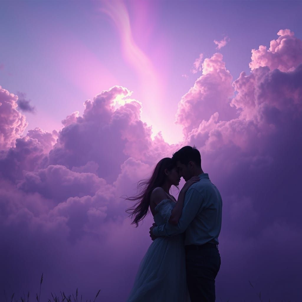 Ethereal Couple Embracing Under Vibrant Purple Sky