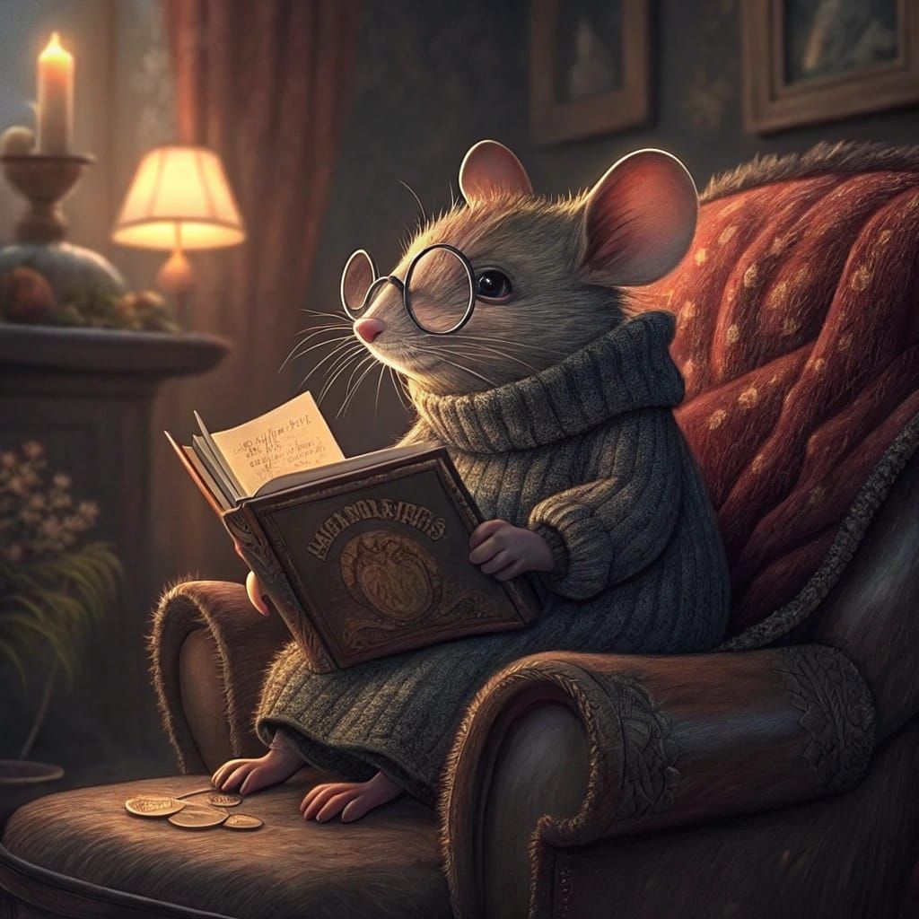 Mouse Reading Book in Cozy Armchair