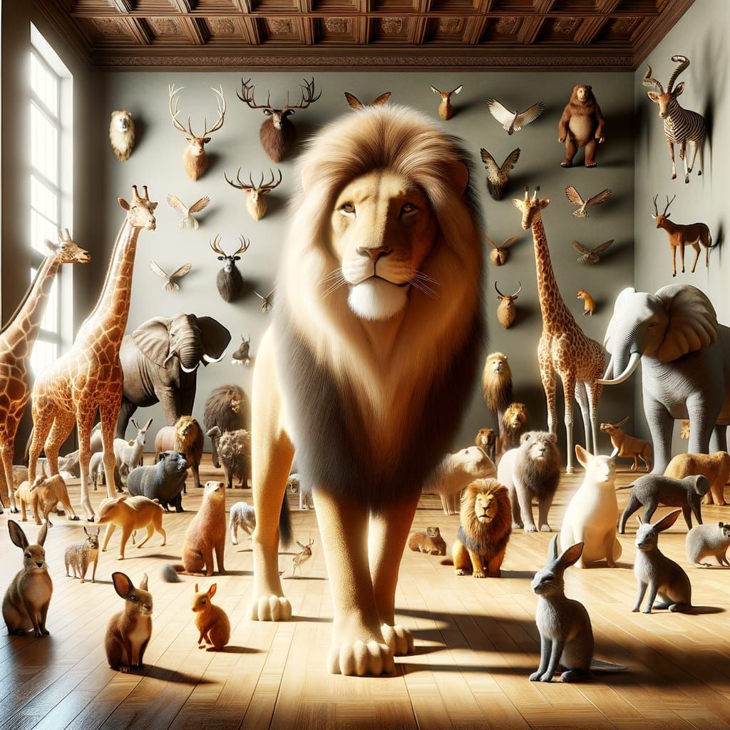 Regal Lion Surrounded by Wild Friends in a Vibrant Room