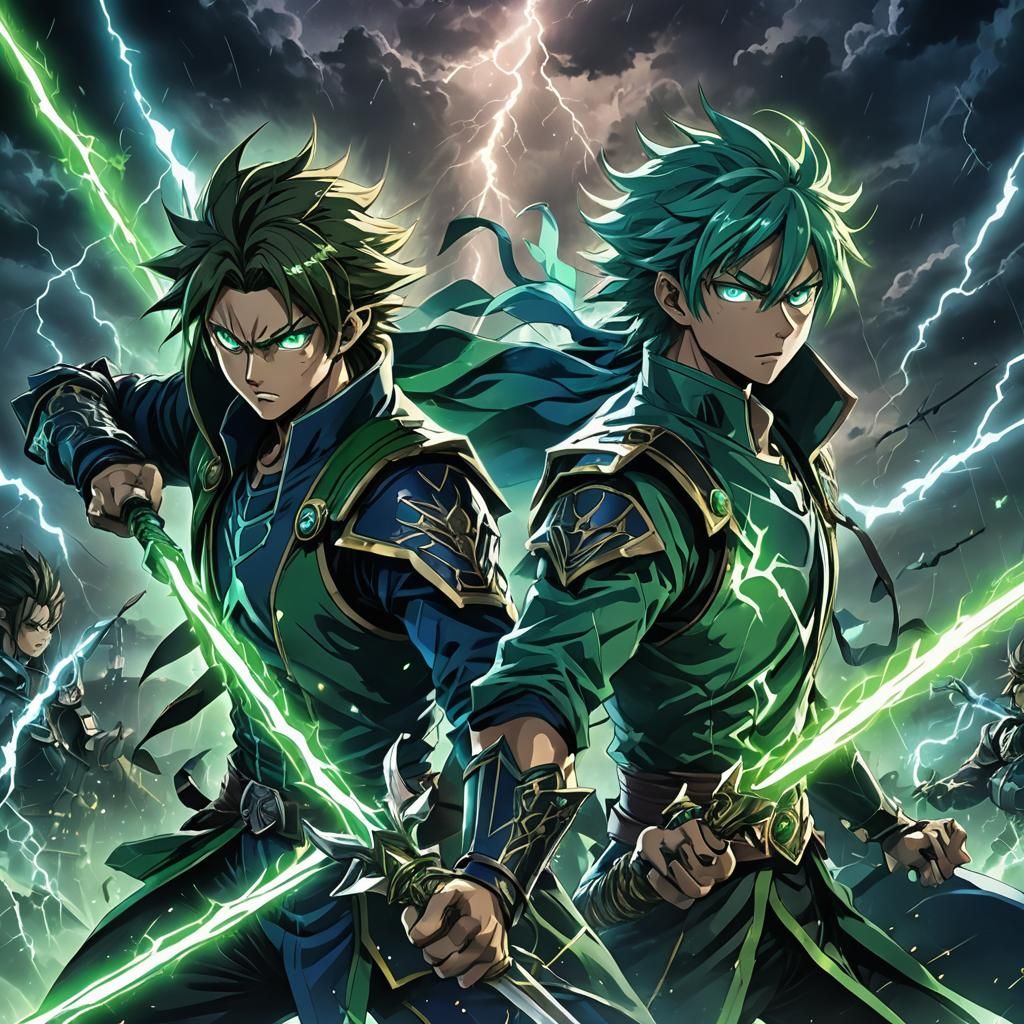 Dark Fantasy Duelists Clash Swords in Stormy Anime Scene