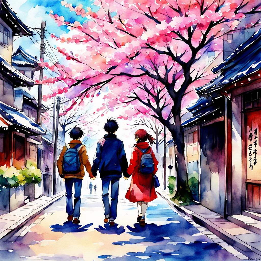 Vibrant Watercolor Couple Under Sakura Tree