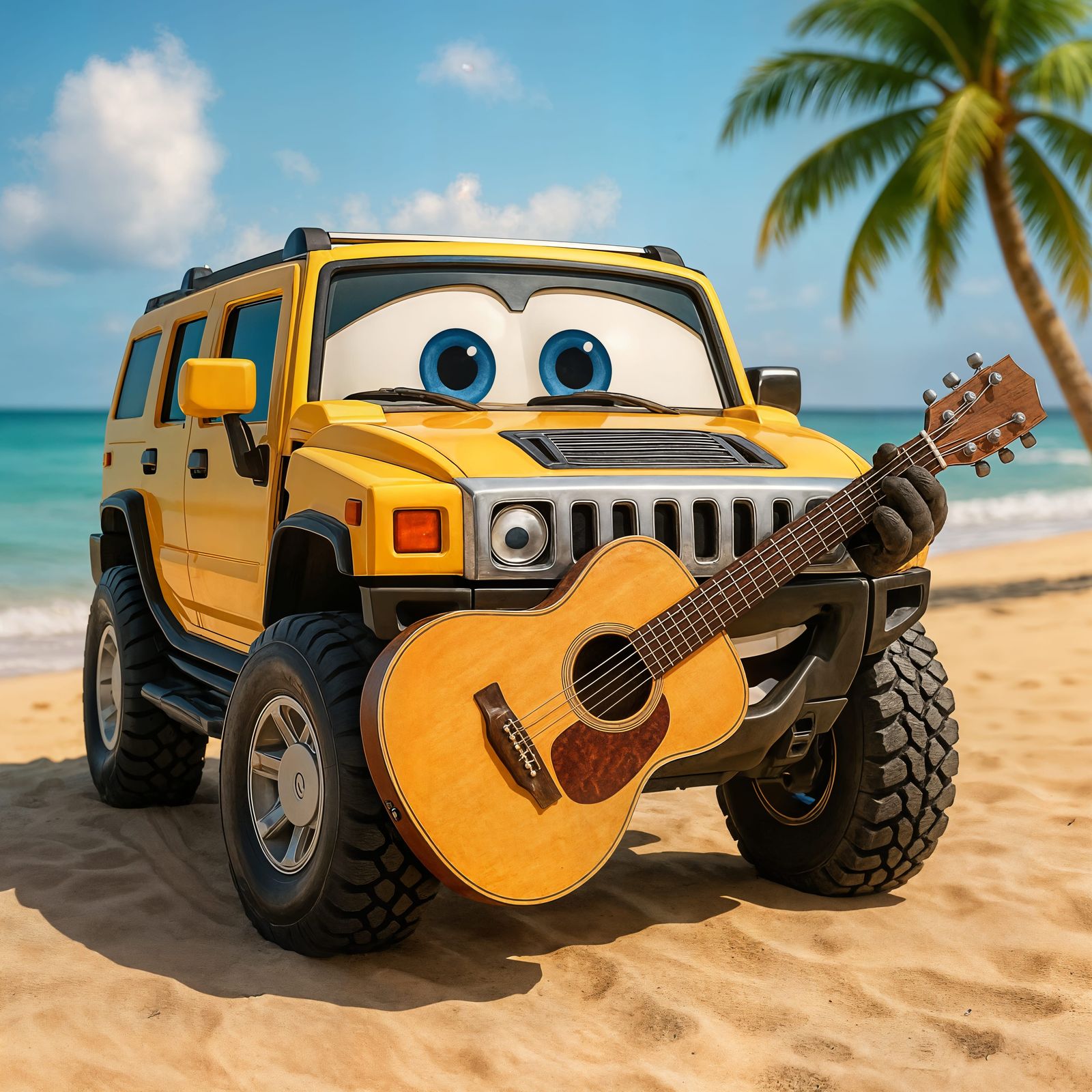 Happy Cartoon Hummer Vehicle on Beach