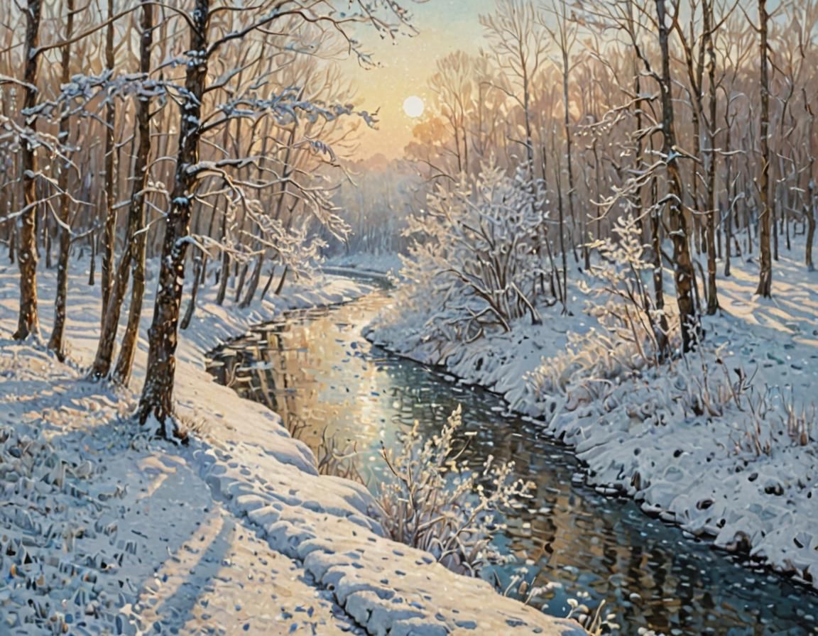 Iced River in Snowy Forest: A Pointillist Winter Landscape