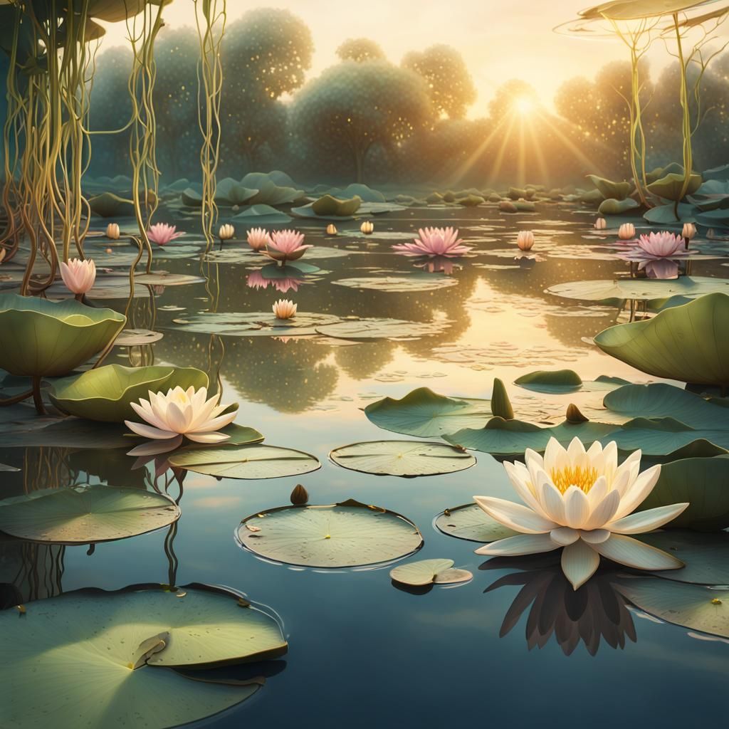Waterlily Pond with Number in Matte Painting Style