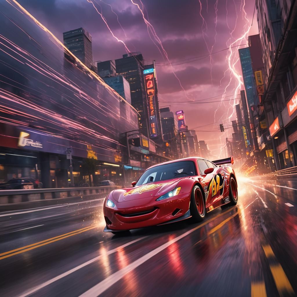 Lightning McQueen on Neon Highway in Pixar Style