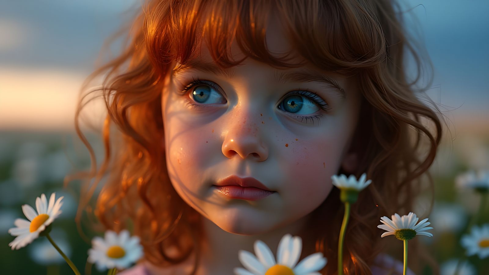 Auburn Haired Girl in Daisy Field, Hyperrealistic Detail