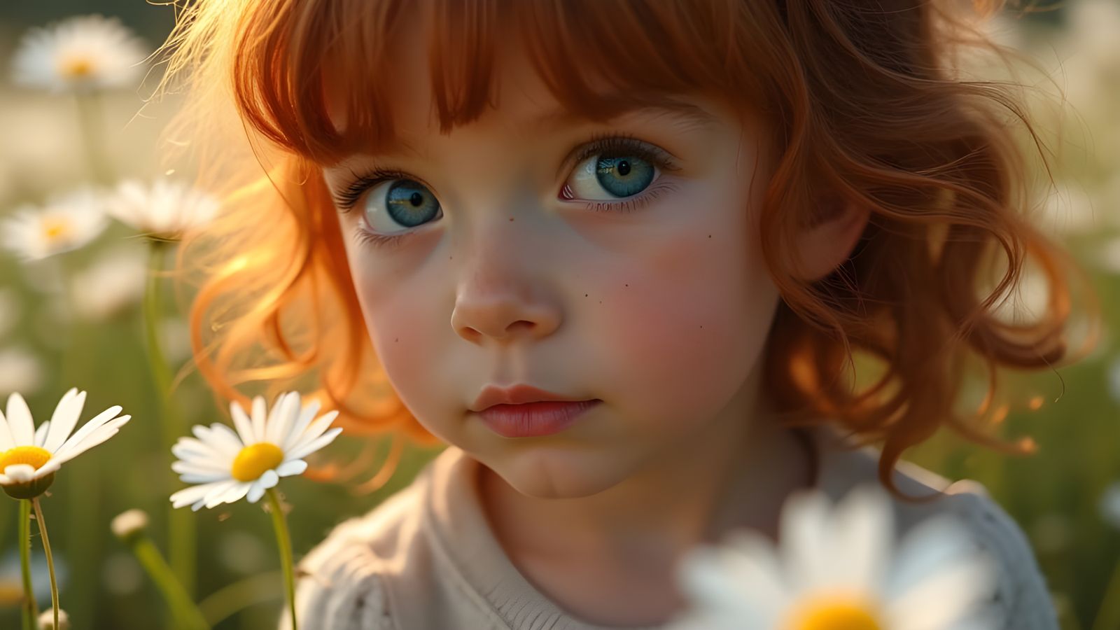 Hyperrealistic Portrait of a Girl in a Daisy Field