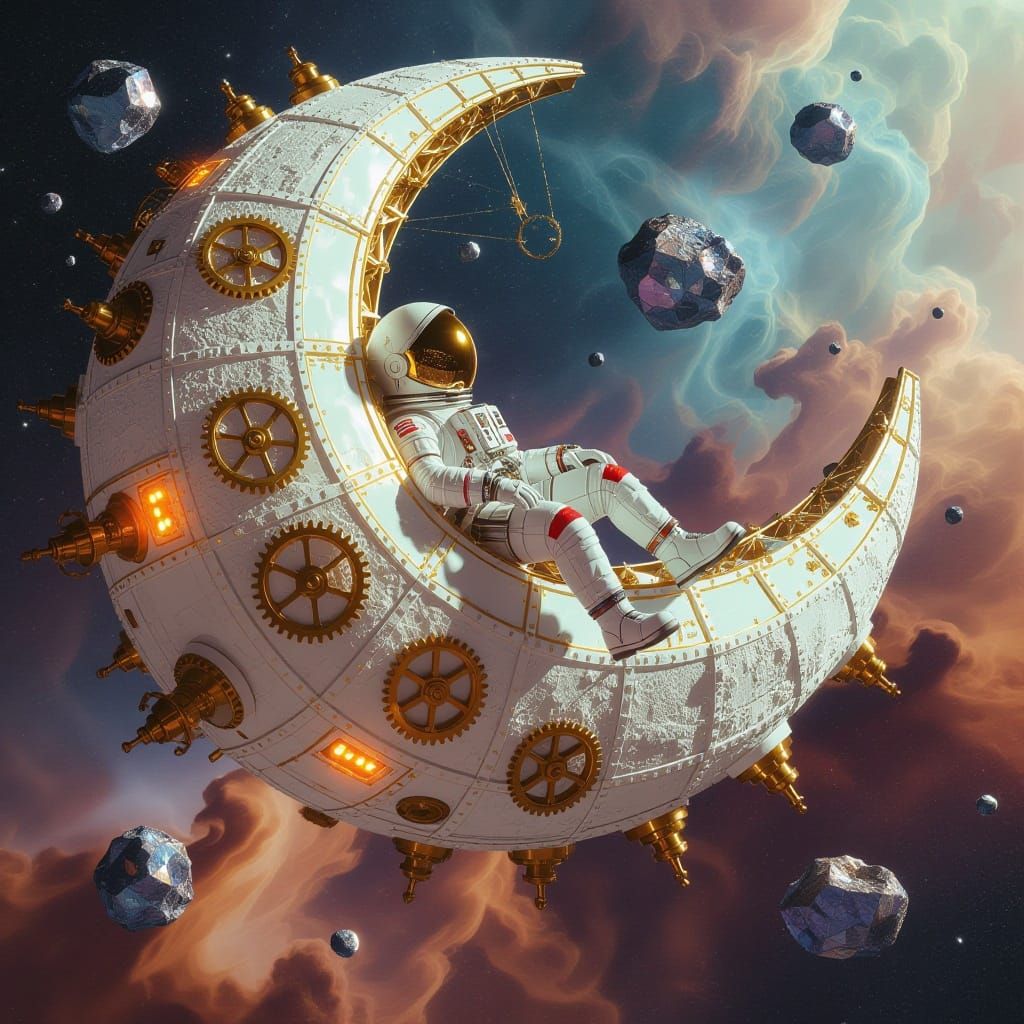 Ultra-detailed astronaut Sleeping and chill on a colossal half-moon steampunk starship, its ivory-white hull adorned wit...