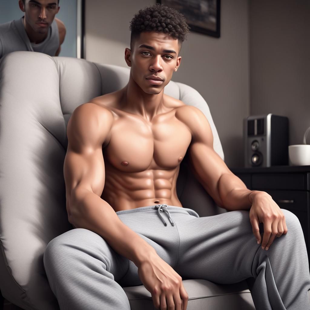 Hyperrealistic Portrait of a Young Man in Bedroom