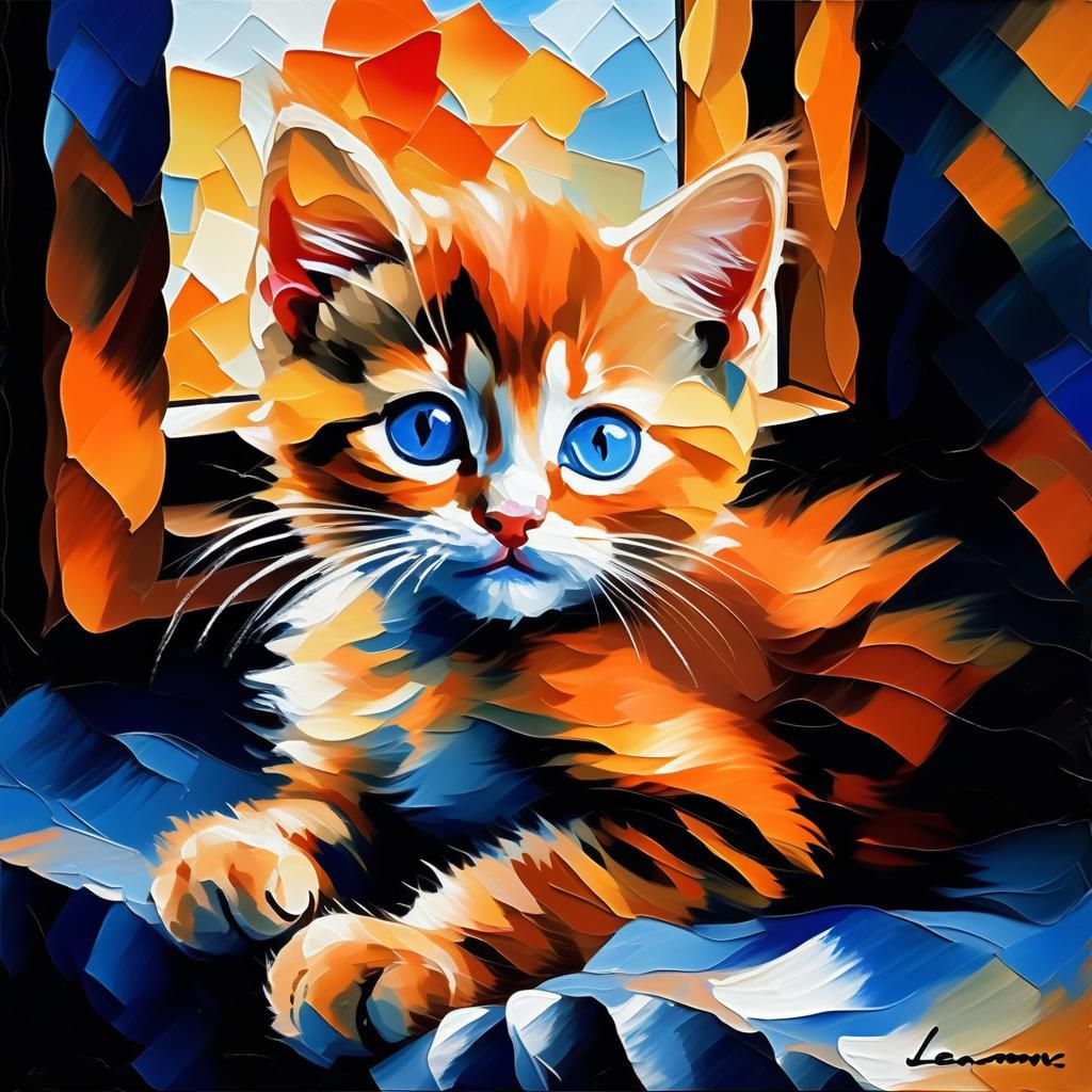 Sad Ginger Kitten with Blue Eyes in Impressionist Style