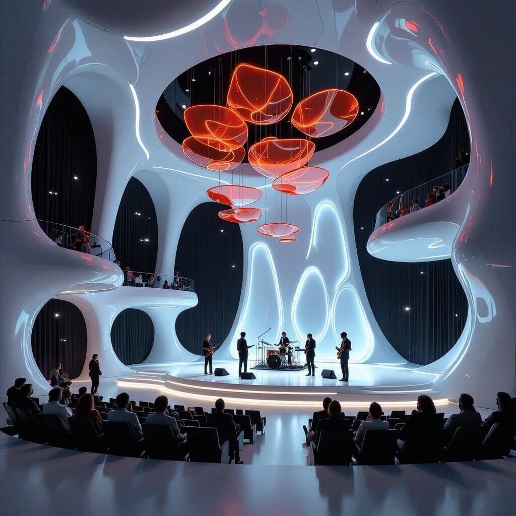 Futuristic Auditorium with 3D Curved Plastic String Panels