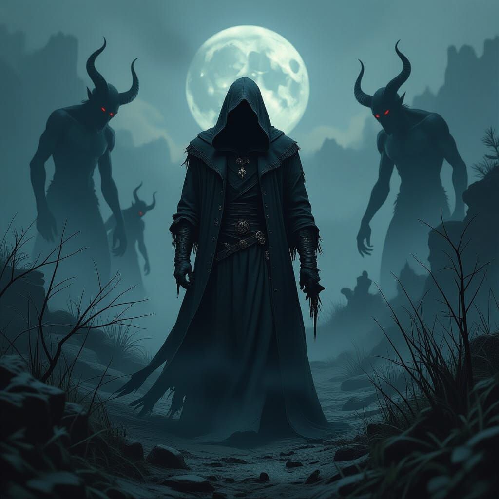 Haunting Male Figure in Dark, Eerie Landscape