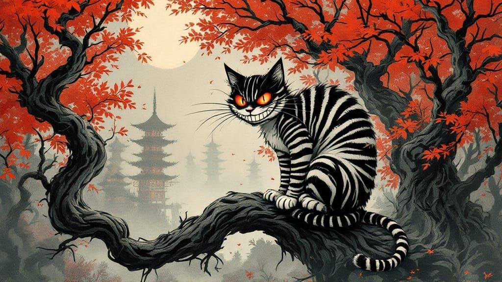 Dreamlike Cheshire Cat in Japanese Forest