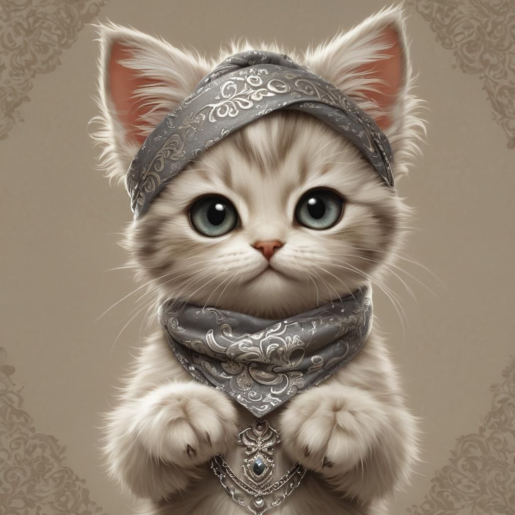 Adorable Chibi Kitten with Bandana in Ornate Setting