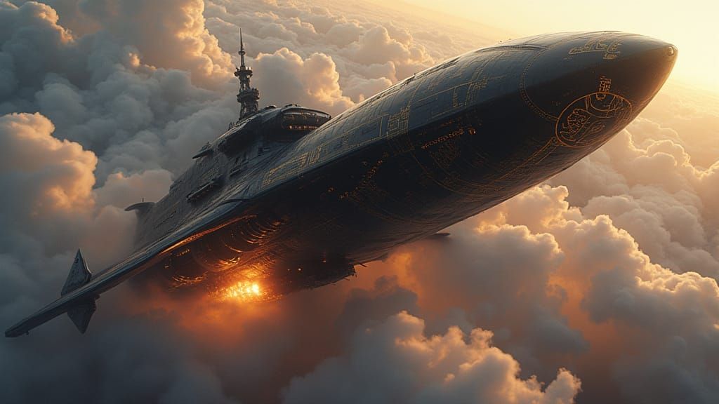 Sleek Black Spaceship Plummets Through Alien Atmosphere with...